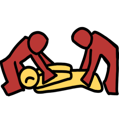 an unhappy emoji yellow figure lying down with their arms behind their back, being pressed down into this position by two red figures. the first red figure restrains the yellow figure's arms, kneeling in front of them. the second red figure restrains the yellow figure's ankles, kneeling behind them.